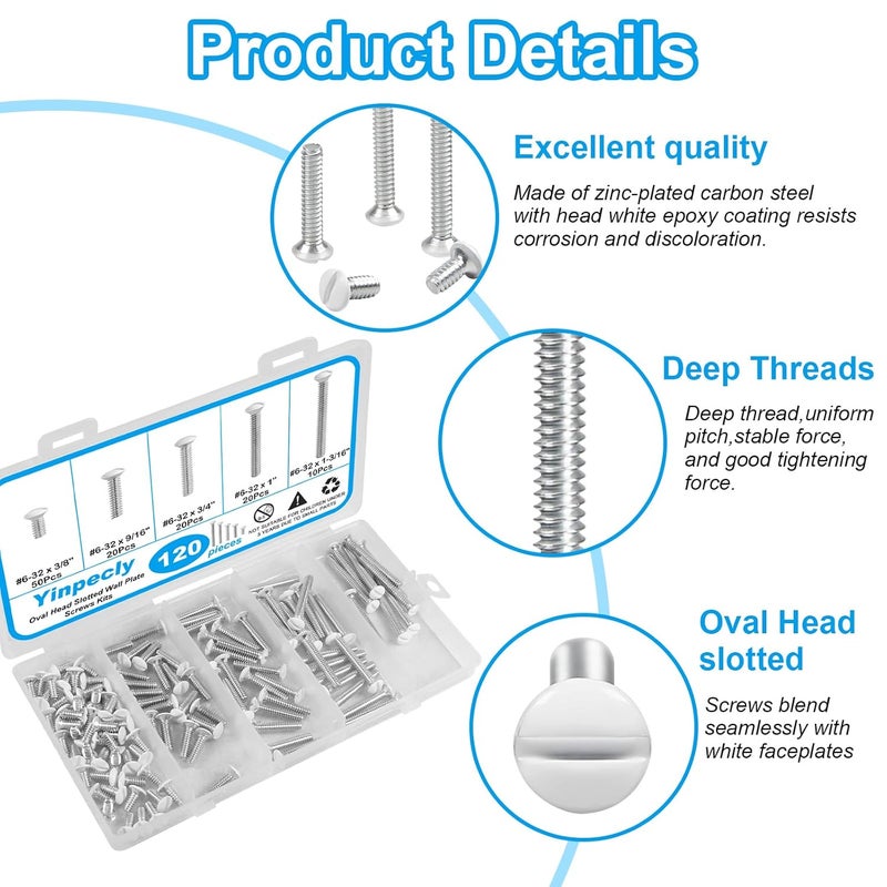 Yinpecly 120 PCS White Wall Plate Screws Kit, White Outlet Screws 6-32 Thread Electrical Cover Panel Switch Plate Screws 5 Length Sizes (3/8", 9/16", 3/4", 1", 1-3/16") - Image 3